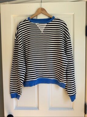 We The Free Black Stripe Knit Top with Blue Trim
